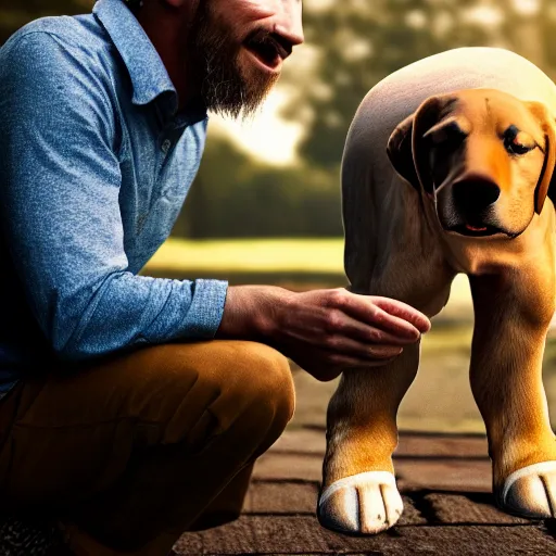 Prompt: photograph of a man with a dog head begging for food, 8k resolution, high detail, ULTRA REALISTIC VFX, reflections