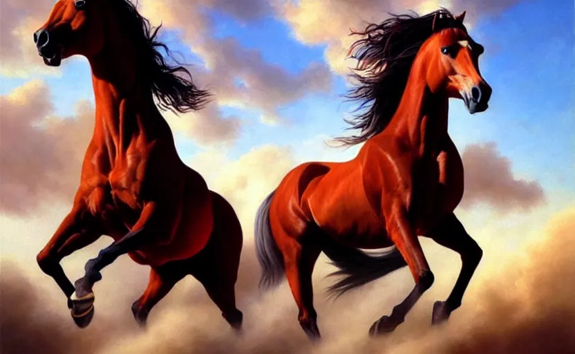 Prompt: a masterpiece oil painting of a proud horse galloping alone. wide angle, fantasy art, alex ross, heroic lighting, very very very beautiful raytraced rendering