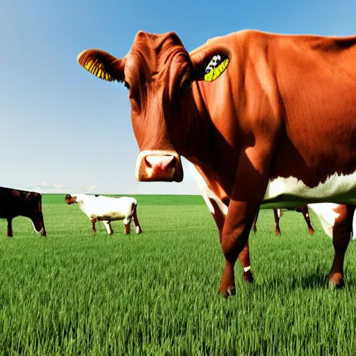 Image similar to a beautiful farm with highly evolved cyborg cows, 4 k