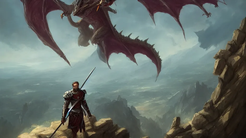 Prompt: a small knight wielding a shield standing on the edge of a cliff facing off against a large dragon with spread wings, d & d character art, digital painting, tarot card art style, by greg rutkowski and daniel gerhartz, trending on artstation