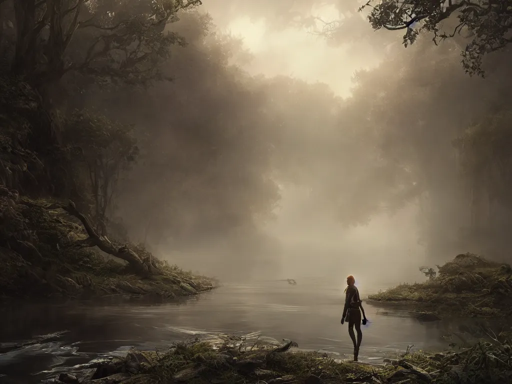 Image similar to hunter woman walking across foggy river, unreal engine 5, art by artgerm and greg rutkowski and alphonse mucha, global illumination, detailed and intricate environment, hyperrealistic, volumetric lighting, epic cinematic shot, perfectly defined features, ambient occlusion