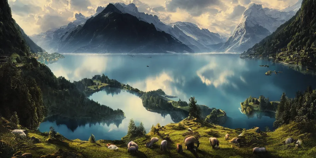 Prompt: beautiful switzerland landscape, environment, lake, film, dramatic, cinematic, highly detailed, mid day, large scale, hyperrealistic, realistic lighting, octane render, by wlop, artgerm, trending on artstation hd, 8 k, clear, sharp