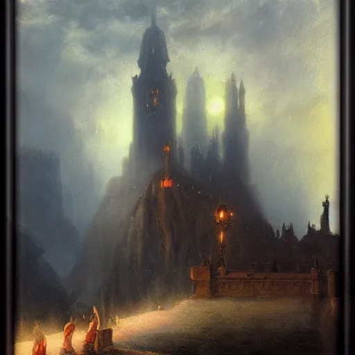 Prompt: massive subterranean gothic citadel by Les Edwards and Delphin Enjolras, oil on canvas, dramatic scenery, highly detailed matte painting, artstation, watercolor, impressionism