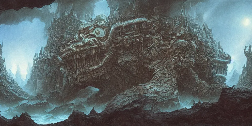 Image similar to artwork by john howe of the ruthless leviathan, cavern, 8 k, centered, highly detailed