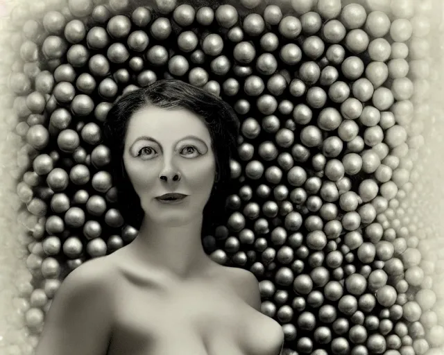 Image similar to a black and white photo of a woman's face surrounded by balls, an ambient occlusion render by Dora Maar, zbrush central, pointillism, ambrotype, marble sculpture, germaine krull,movie still, grotesque