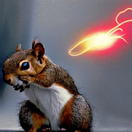 Prompt: atomic powered cybernetic squirrel farting lightning from his tail at an army of replicant robots