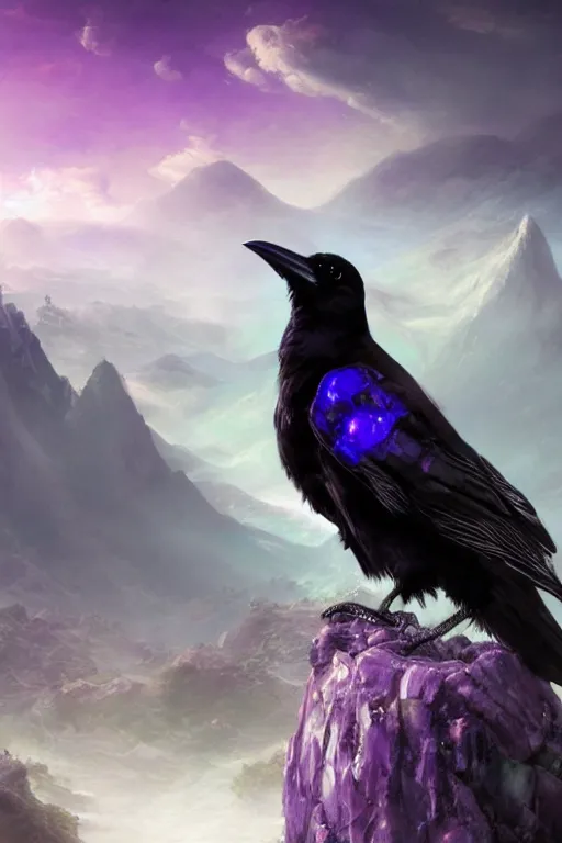 Image similar to portrait of a beautiful one raven perched on purple crystals that are glowing in a misty valley, establishing shot, extremly high detail, foto realistic, cinematic lighting, by yoshitaka amano, ruan jia, kentaro miura, artgerm, post processed, concept art, artstation, raphael lacoste, alex ross