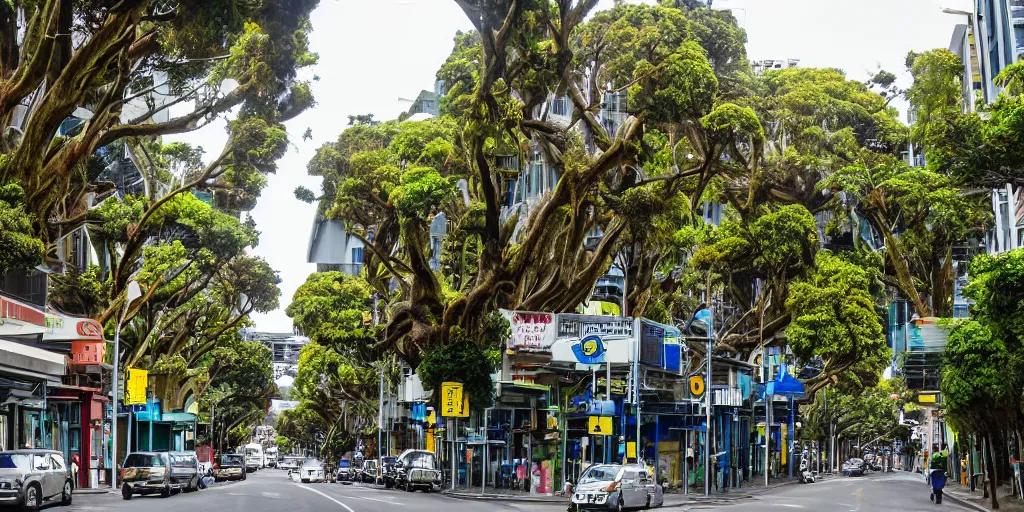 Image similar to a city street in wellington, new zealand but the buildings are interspersed with enormous ancient rimu trees full of epiphytes with birds perching amongst the leaves.