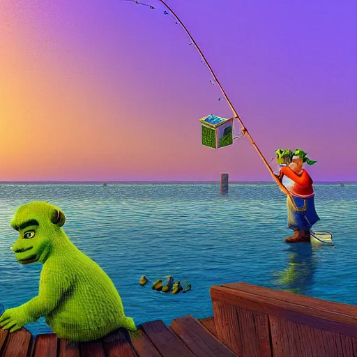 Image similar to 6 0 0 px by 6 0 0 px. expensive pixel work, dithered masterpiece, pixel art shrek fishing on a sailboat