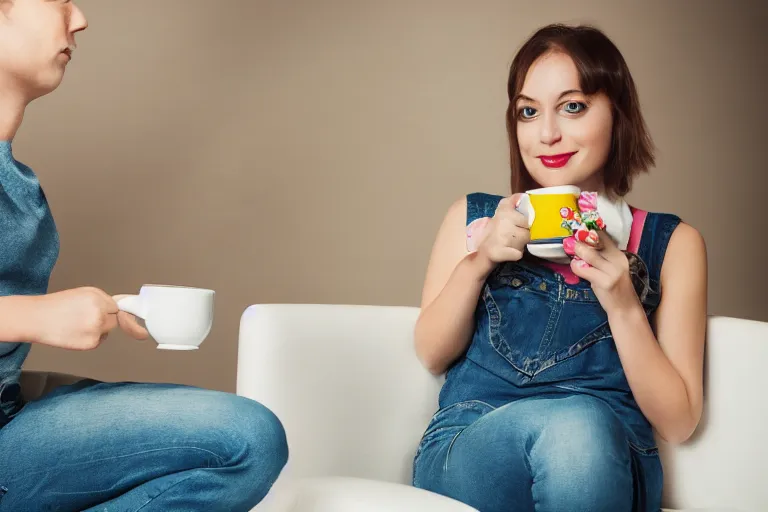 Image similar to girl on a date with pepe the frog drinking coffee, 8 0 s style, studio photo, natural lighting