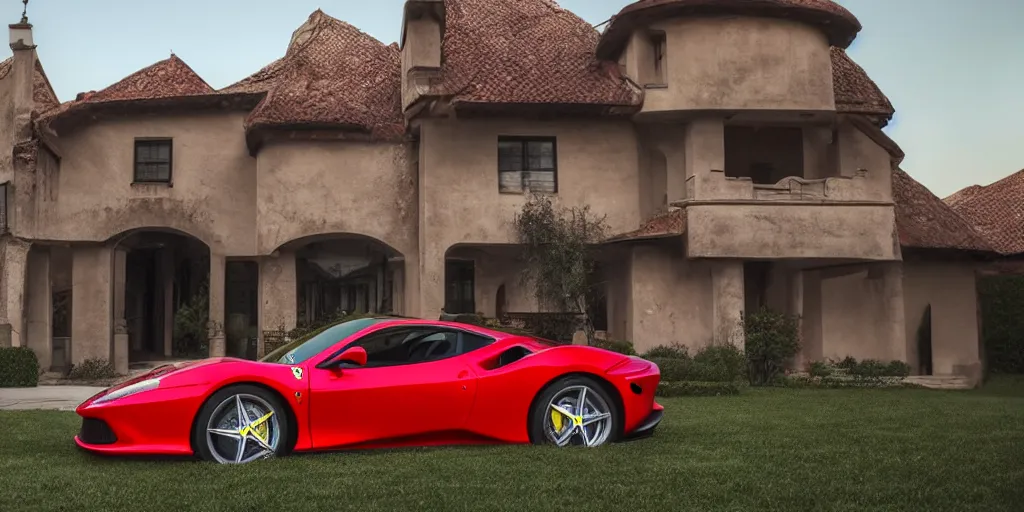 Prompt: a stunning photograph of a ferrari in front of a beautiful house with a girl next to the car singing, car lights on, 8 k, natural lighting