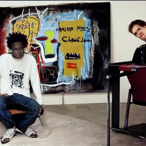 Prompt: photo of basquiat and kurt cobain in a high end studio, photorealistic,