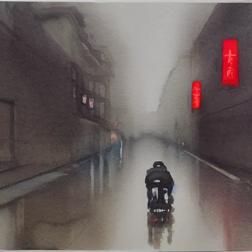 Image similar to A watercolor of an empty Wukang Road in Shanghai, a rainy street with cloudy overcast sky, poignant, high contrast of light and dark, smooth, by Joseph Zbikowicz, 8k