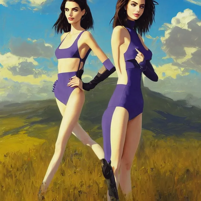 Image similar to full body portrait of a combination of Ashley Greene, Victoria Justice and Adriana Dxim, Grace Kelly and Lily Collins wearing a Plugsuit from Neon Genesis Evangelion, countryside, calm, fantasy character portrait, dynamic pose, above view, sunny day, thunder clouds in the sky, artwork by Jeremy Lipkin and Giuseppe Dangelico Pino and Michael Garmash and Rob Rey and Greg Manchess and Huang Guangjian, very coherent asymmetrical artwork, sharp edges, perfect face, simple form, 100mm