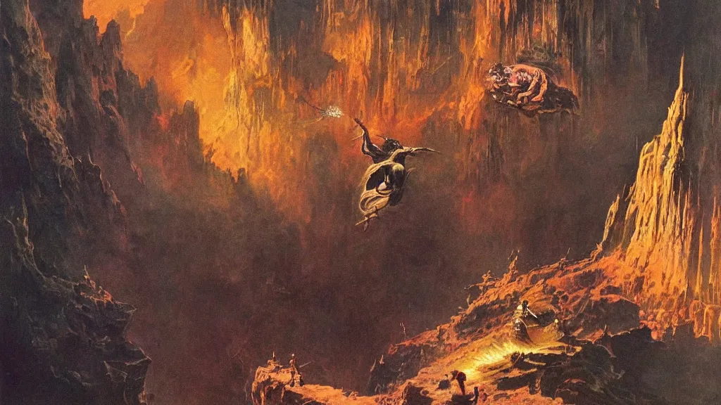 Prompt: falling into a deep hole by frank frazetta and bruce pennington, cinematic matte painting