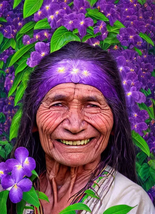 Image similar to a beautiful portrait of a smiling indigenous old woman healer with white long hair in the amazon jungle surrounded by purple flowers of brunfelsia grandiflora, purple face paintings, matte painting, by christophe vacher