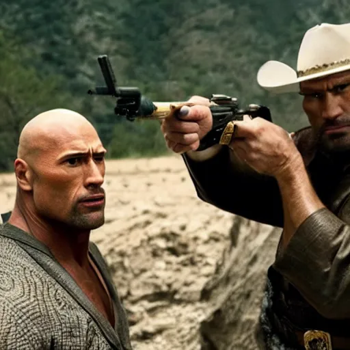Prompt: the good, the bad, the ugly with dwayne johnson, volodymyr klitschko and nikolai valuev in a mexican standoff, cinematic still