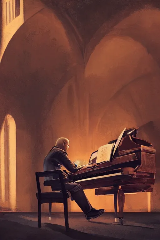 Image similar to an expressive portrait of agent 4 7 playing the piano in a monastery, dark background, red rim light, digital art, artstation, concept art by giger stalenhag