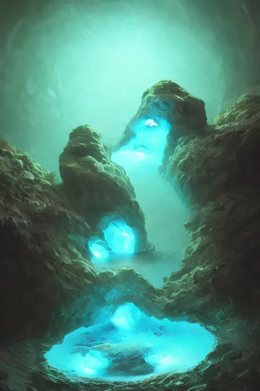 Image similar to bioluminescent etheral water elementals nesting in a rock pool, fairy stone cave, low angle, artstation, 8 k