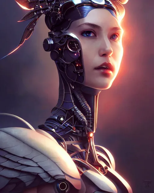 Prompt: 3 / 4 view of a cyborg woman with metal wings, pixie character, genshin impact, fantasy magic, dark light night, intricate, elegant, sharp focus, illustration, highly detailed, concept art, matte, art by wlop and artgerm and greg rutkowski, anime, trending on artstation