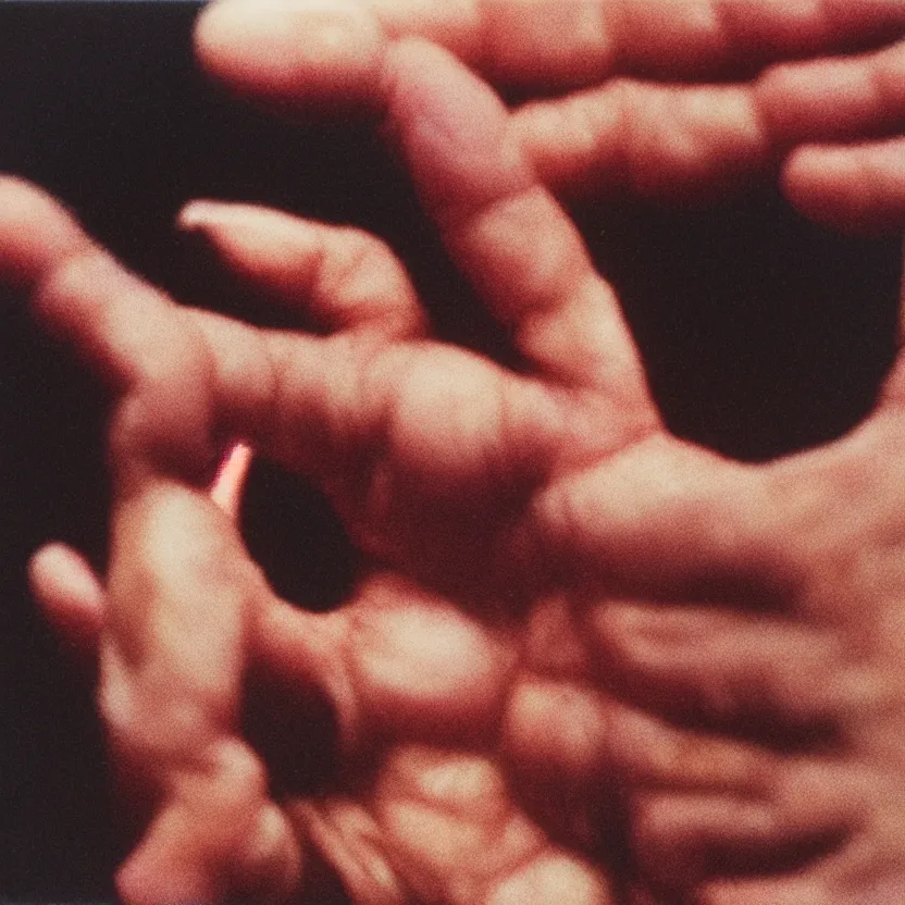 Prompt: close - up photo of a dismembered hand taken with a polaroid