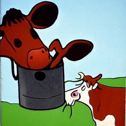 Image similar to a cow points at a bucket in the style of gary larson