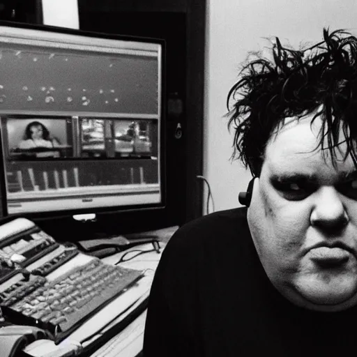 Prompt: obese Robert Smith wearing a headset yelling at his monitor while playing WoW highly detailed wide angle lens 10:9 aspect ration award winning photography by David Lynch