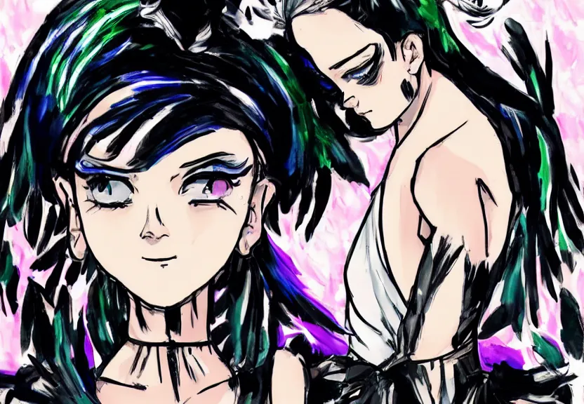 Image similar to beautiful little girl with a short black haircut wearing a dress made of black feathers, artwork in jojo bizarre adventure art style, anatomically perfect