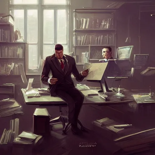 Image similar to an office boss is getting an employee fired, someone lost job, highly detailed,, artstation hd, deviantart, by madgwick,, greg rutkowski