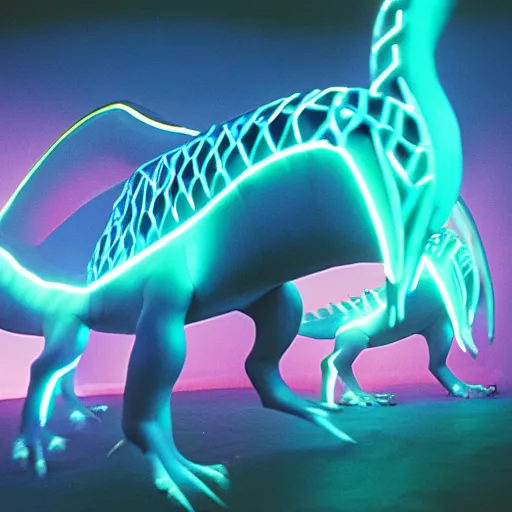 Image similar to electric blue glowing baby dinosaurs in tron movie, cinestill