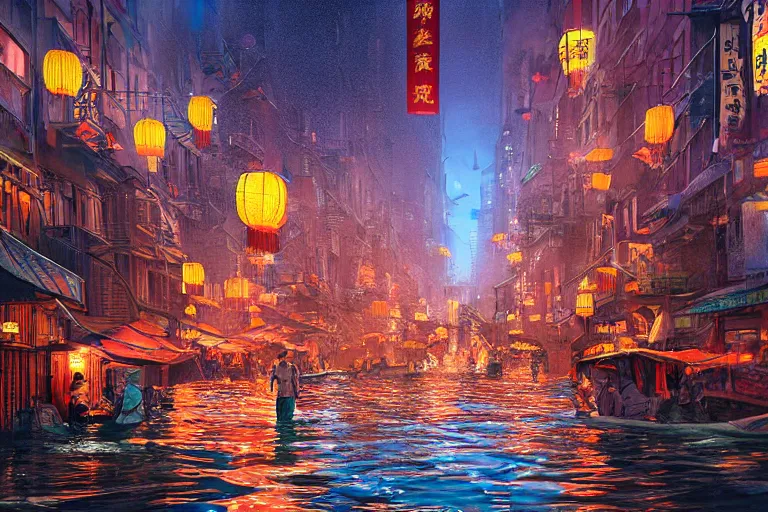 Prompt: a far-future flooded Manhattan Chinatown during a festival at dusk, with paper lanterns, banners, glowing windows, bridges, and canal streets with people in gondolas and other boats floating by, sparkling water, low angle, wide angle, beautiful, warm dynamic lighting, atmospheric, cinematic, highly detailed digital art, painted by Tyler Edlin