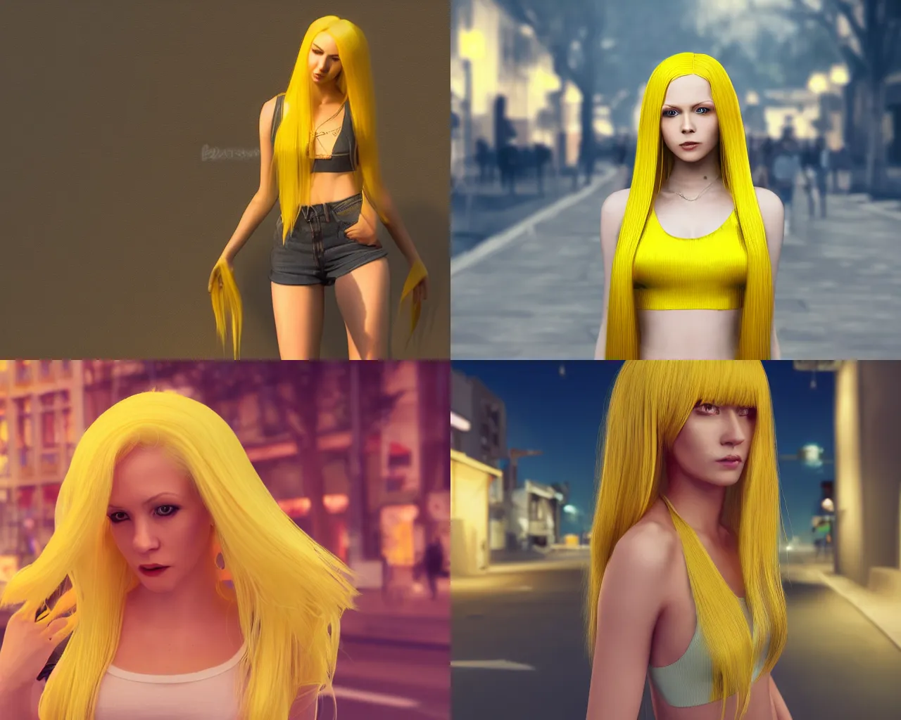 Prompt: woman with long yellow hair wearing a crop top on a night street, digital art, trending on artstation, photorealism, octane render, by artgerm, nighttime