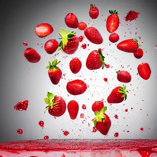 Prompt: many strawberries falling through white milk, splashes, advertising photo, highspeed photo, studio lighting