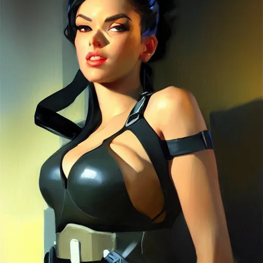 Prompt: greg manchess portrait painting of a sexy spy girl as an overwatch character, medium shot, asymmetrical, profile picture, organic painting, night time, matte painting, bold shapes, hard edges, street art, trending on artstation, by huang guangjian and gil elvgren and sachin teng