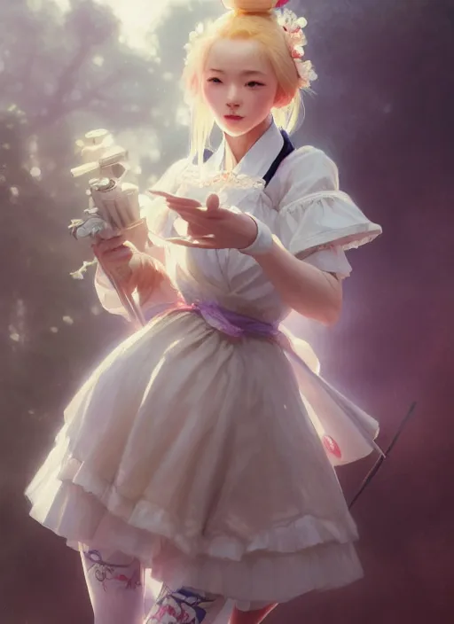 Image similar to symmetry!! portrait of a pretty japanese girl with blonde hair dressed as a french maid skateboarding, elegant, highly detailed, digital painting, 8 k, concept art, smooth, sharp focus, illustration, ethereal, misty, octane render, by ruan jia and greg rutkowski and alphonse mucha