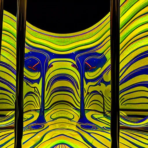 Prompt: psychedelic architectural section installation, art exhibition infected by night, biennale, lush abstract graphic shapes. victor horta, chihuly infected by night, extremely emotional abstract surrealist fluidic architecture. highly detailed. elegant minimalism. highly detailed. sharp focus. very lifelike organic forms, beautiful melancholic space shapes, geometric tranquility. black and gold