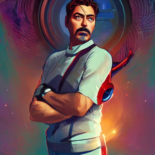 Image similar to George Clooney as Tony Stark, ambient lighting, 4k, alphonse mucha, lois van baarle, ilya kuvshinov, rossdraws, artstation