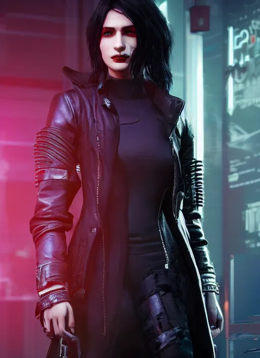 Prompt: black haired woman in a trench coat in a black cyberpunk 2 0 7 7, full body, intricate, highly detailed, face enhance, realistic