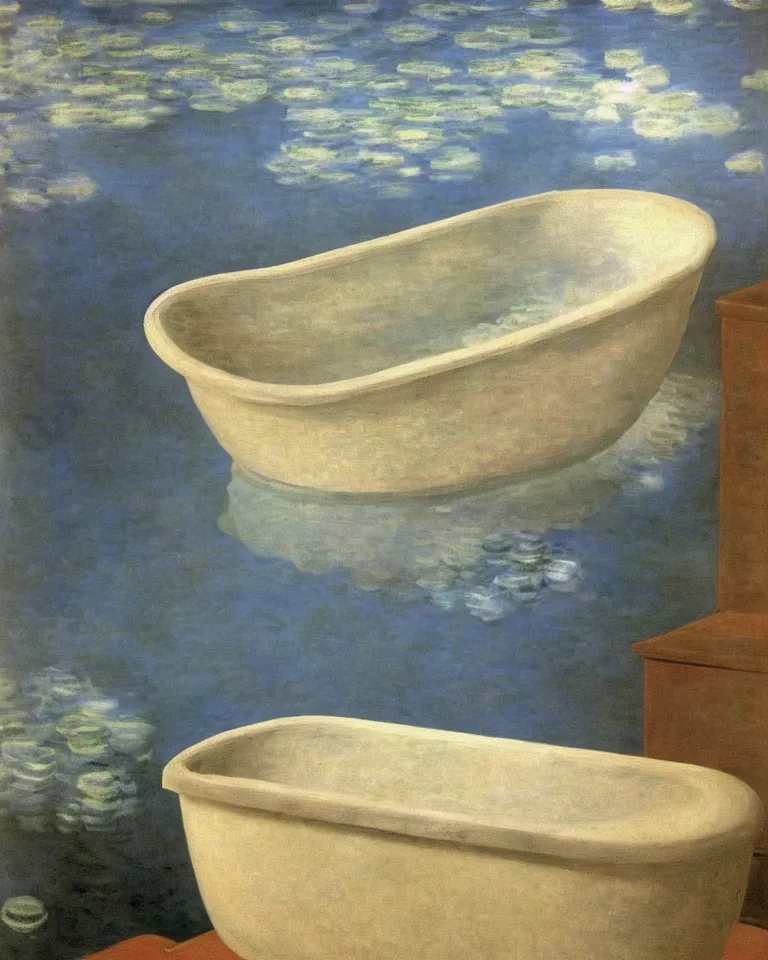 Prompt: achingly beautiful painting of a antique roman bathtub by rene magritte, monet, and turner. piranesi.