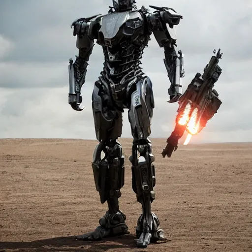 Image similar to cinematic still in westworld and real steel movie and pacific rim movie, one slim full body ornate armored core by fujioka kenki and by mamoru nagano, holding sci - fi rifle,