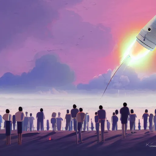 Prompt: a crowd of kerbals watching a rocket launch at sunset, digital art - n 4