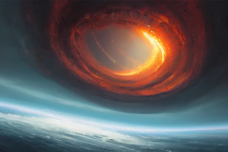 Image similar to a beautiful oil painting of the event horizon of a black hole, orange, warping, detailed, beautiful, awe - inspiring, bright, by greg rutkowski, trending on artstation