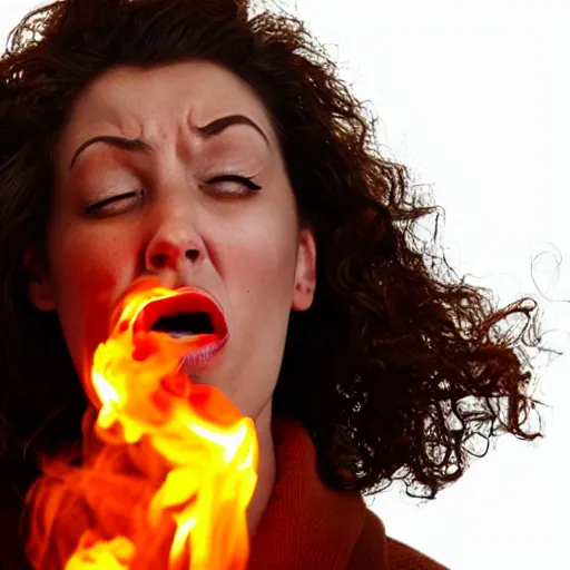 Image similar to photo of a woman blowing fire out of his mouth, movie scene, very real, astonishing, with fire effect