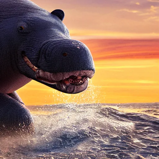 Image similar to a closeup photorealistic photograph of a cute smiling knitted tiger hippopotamus chasing a beachball during sunset. teeth exposed, surf in the background. professional capture. this 4 k hd image is trending on artstation, featured on behance, well - rendered, extra crisp, features intricate detail, epic composition and the style of unreal engine.