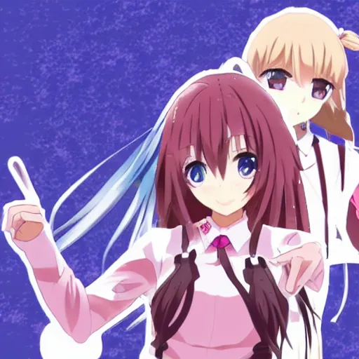 Prompt: an anime girl making finger guns at the camera, tsundere aesthetic, anime key visual