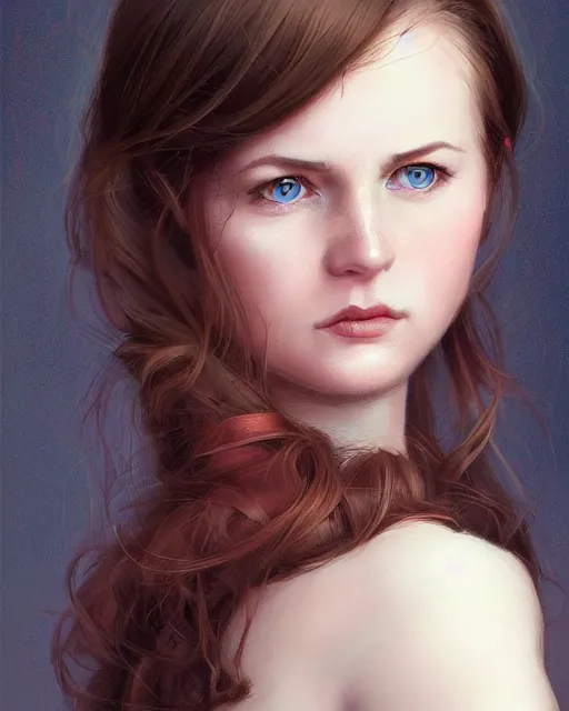 Prompt: a portrait of a cute woman, brown hair, wavy hair, blue eyes, wearing a dark red dress, button nose, round face, soft chin, soft facial features, chubby cheeks, very detailed digital art, dynamic lighting, moody atmosphere, dark background, piercing gaze, warm smile, 4 k portrait art by artgerm, greg rutkowski, craig mullins