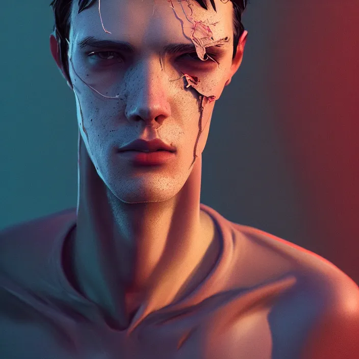 Prompt: portrait of a male model with a scar over his eye, by Tooth Wu, wlop, beeple, dan mumford. octane render, trending on artstation, greg rutkowski very coherent symmetrical artwork. cinematic, hyper realism, high detail, octane render, 8k, iridescent accents