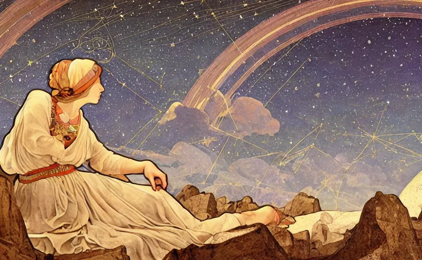 Image similar to mountains, stars and paisley filled sky, artstation, intricate, highly detailed, digital painting, concept art, sharp focus, illustration by Piero della Francesca and Alphonse Mucha