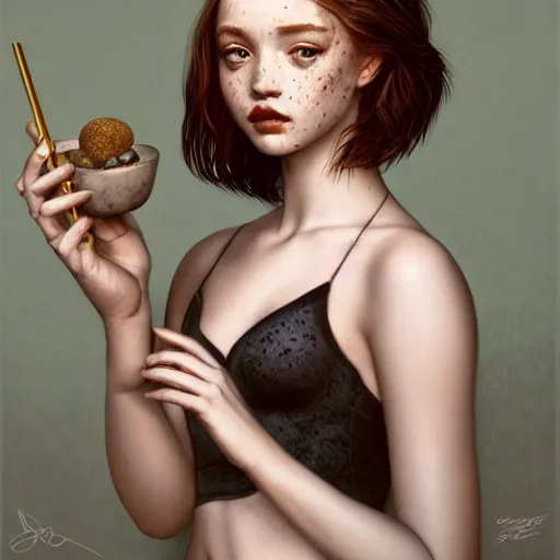 Prompt: tom bagshaw portrait, freckles beautiful mix of dove cameron madison beer bella poarch in a camisole and hotpant, short thin redhead, professionally retouched, focus eyes, ultra realistic soft painting, insanely detailed linework, symmetrical accurate intricate features, behance, 8 k, - signature