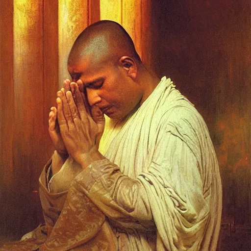 Image similar to highly detailed potrait of blind folded with cloth srilankan cunning buddhist monk praying in baroque style, painting by gaston bussiere, craig mullins, j. c. leyendecker, lights, art by ernst haeckel, john william godward, hammershøi,
